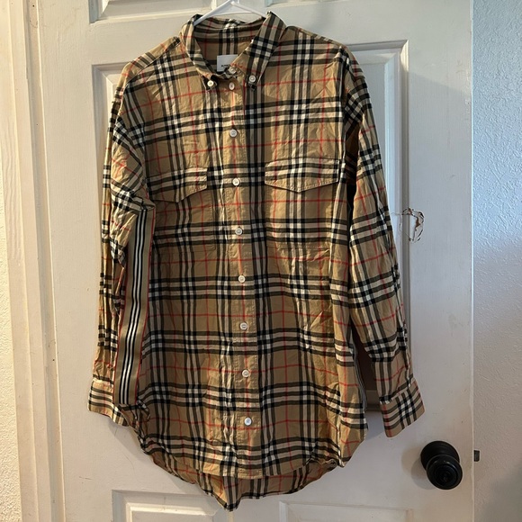 Burberry Tops - Burberry Beige Plaid Button-Down Shirt with Black & Red Accents